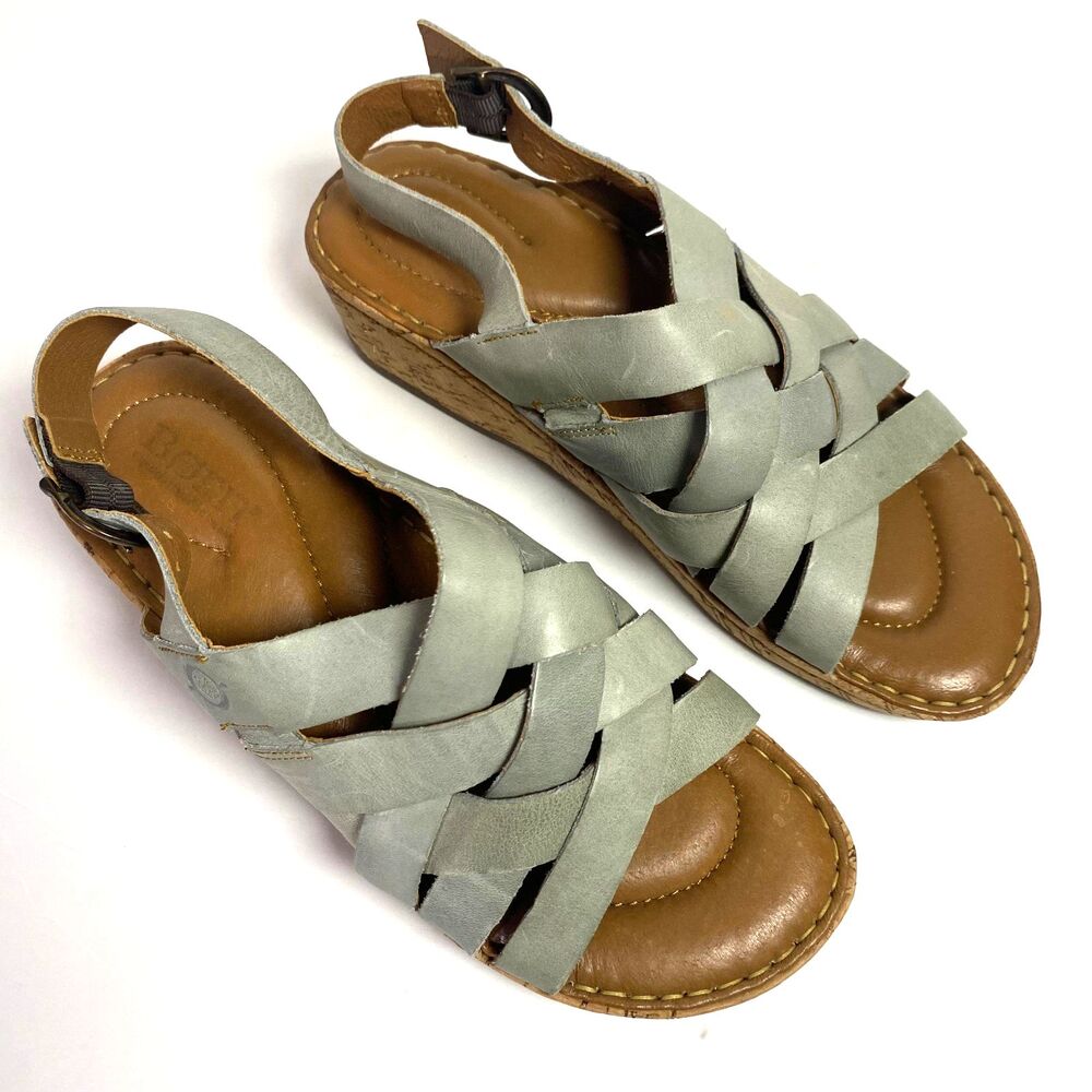 Born Sage Green Leather Cork Wedge Sandals Womens Size US 7 Buckle Strap Read